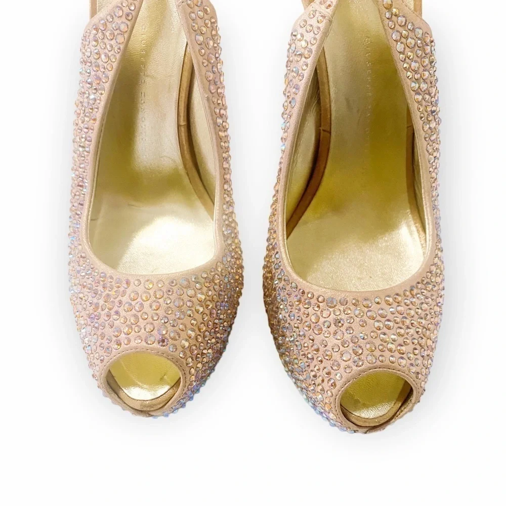 Giuseppe Zanotti Crystallized Platform Slingback Peep Toe Pumps, Size 39.5EU‎
